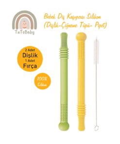 tutobaby Bebek Diş Kaşıyıcısı Silikon (Dişlik-Çiğneme Tüpü- Pipet) 2 Adet Dişlik 1 Adet Fırça