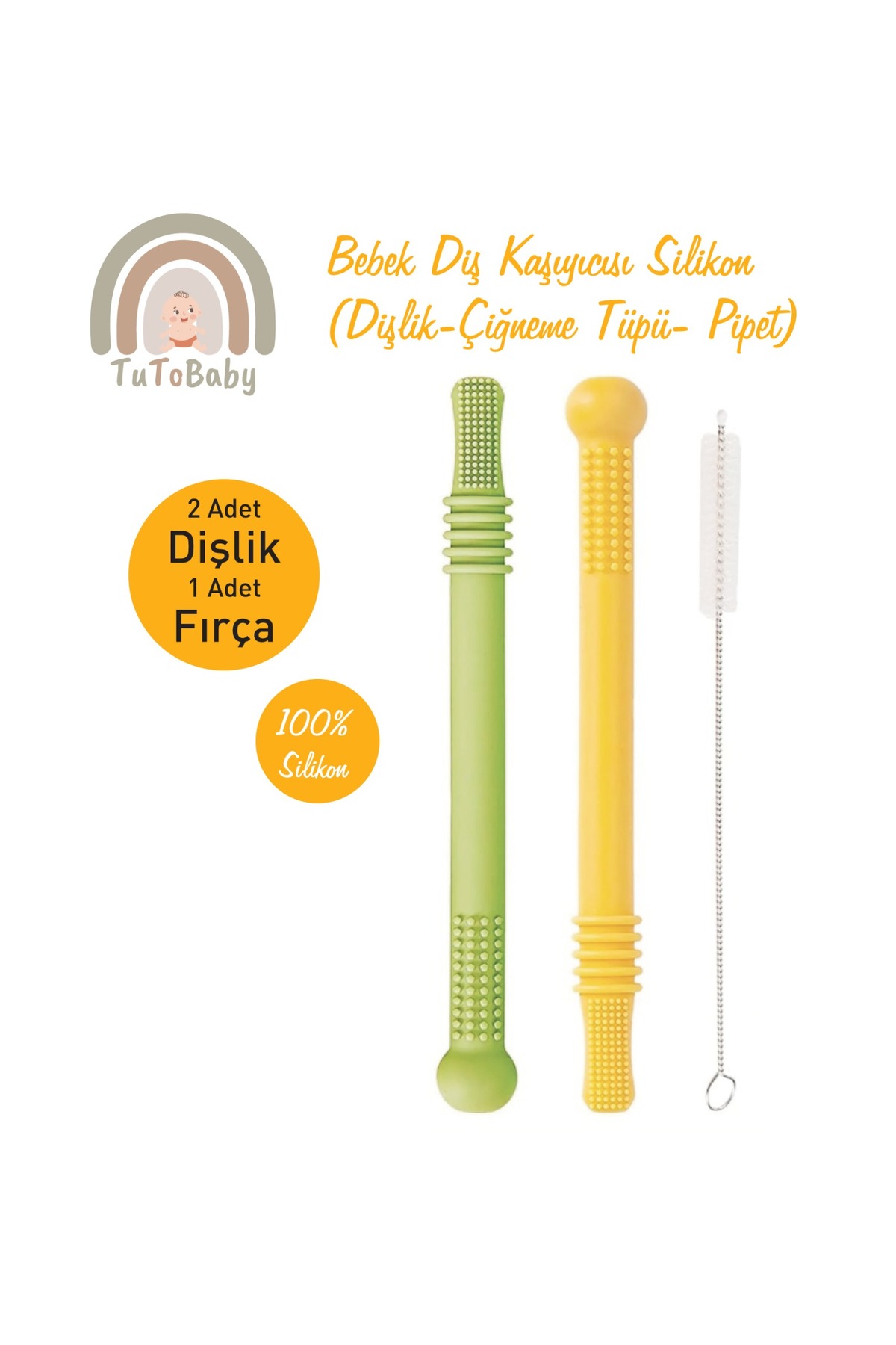 tutobaby Bebek Diş Kaşıyıcısı Silikon (Dişlik-Çiğneme Tüpü- Pipet) 2 Adet Dişlik 1 Adet Fırça