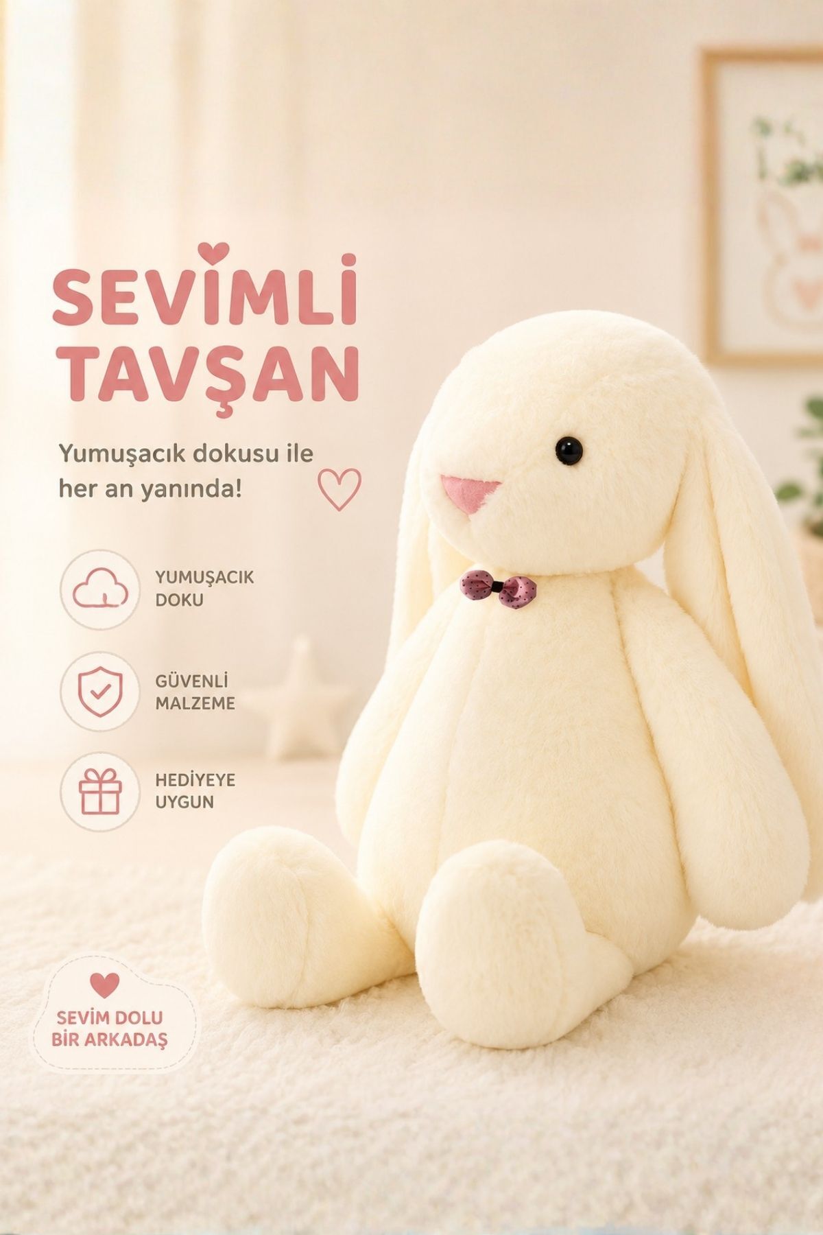 Sole Uyku Arkadaşım Papyonlu Uzun Kulak Bunny Peluş Tavşan 65 Cm