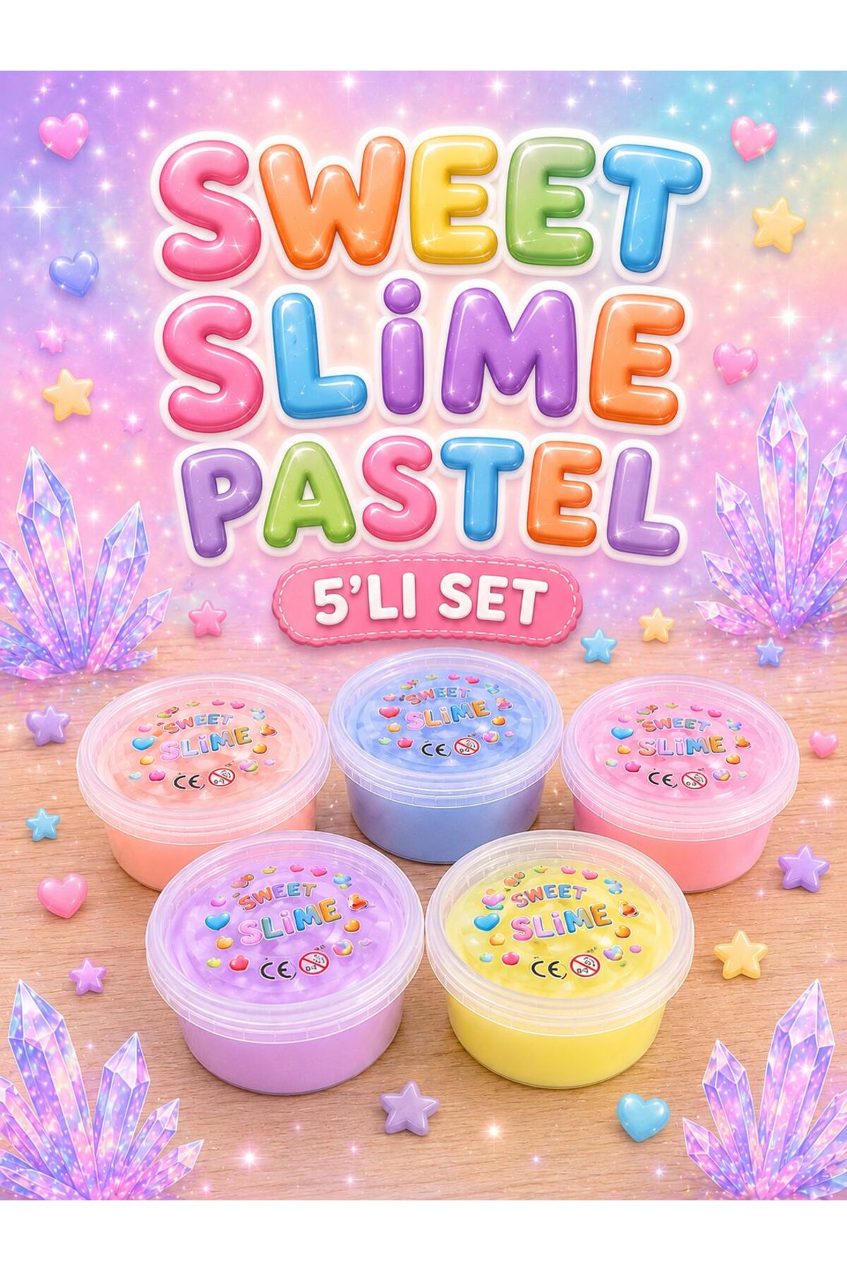 ümit toys Sweet Slime Pastel 5’li Set – Parlak Şeffaf Yumuşak Esnek Slime Oyuncak