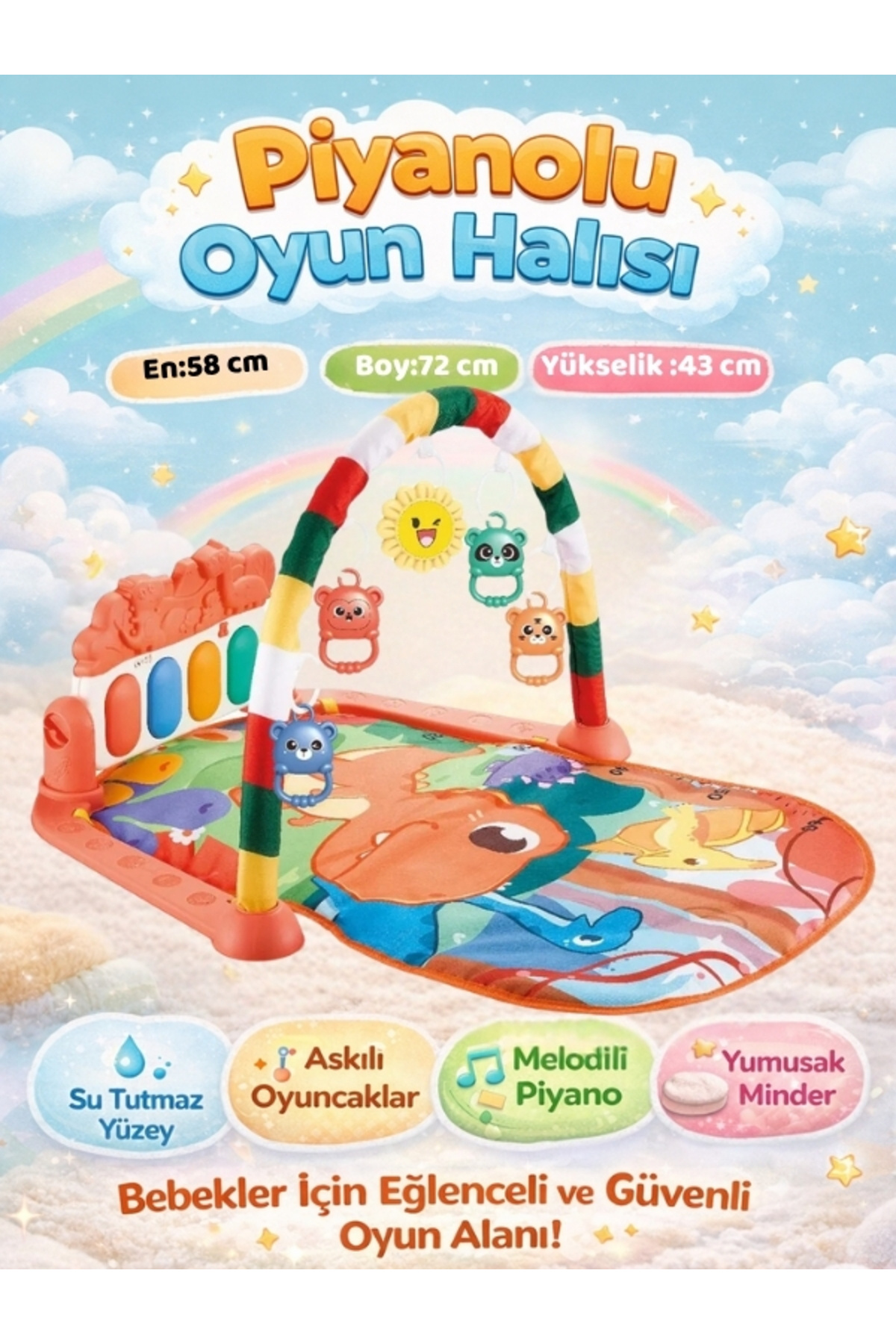 BabyLondy Dinozorlu Güneşli Piyanolu Bebek Oyun Halısı Eğitici Oyuncak Pembe