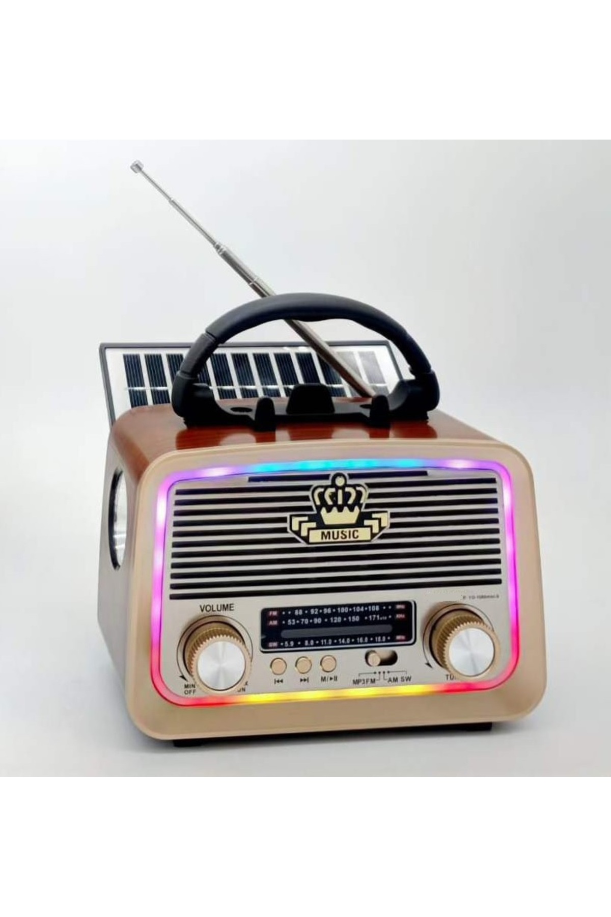 ataşbey Solar Güneş Enerji Led Fenerli RT-301 M Ahşap Nostalji Bluetooth USB-SD-Radyo-Mp3 Çalar Müzik Kutusu