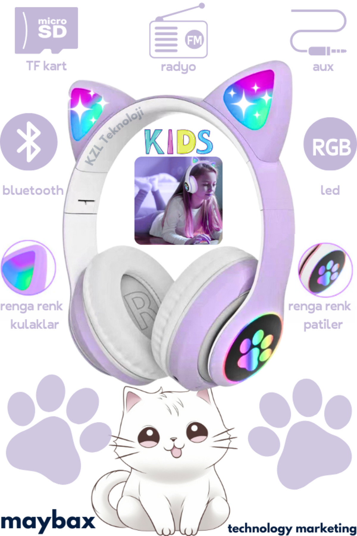 Empressco P68 Kablosuz Bluetooth Kulaklık Led Işıklı Mikrofonlu Kedili Kulaklık Bt5.0