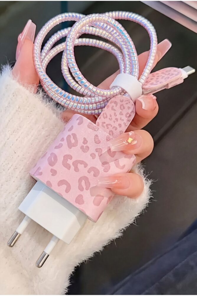 Fibaks iPhone 18W/20W/25W Pembe Leopar Şarj Aleti Koruyucu Şarj Kablosu Örme Aparatlı Koruyucu Toparlayıcı - Görsel 2