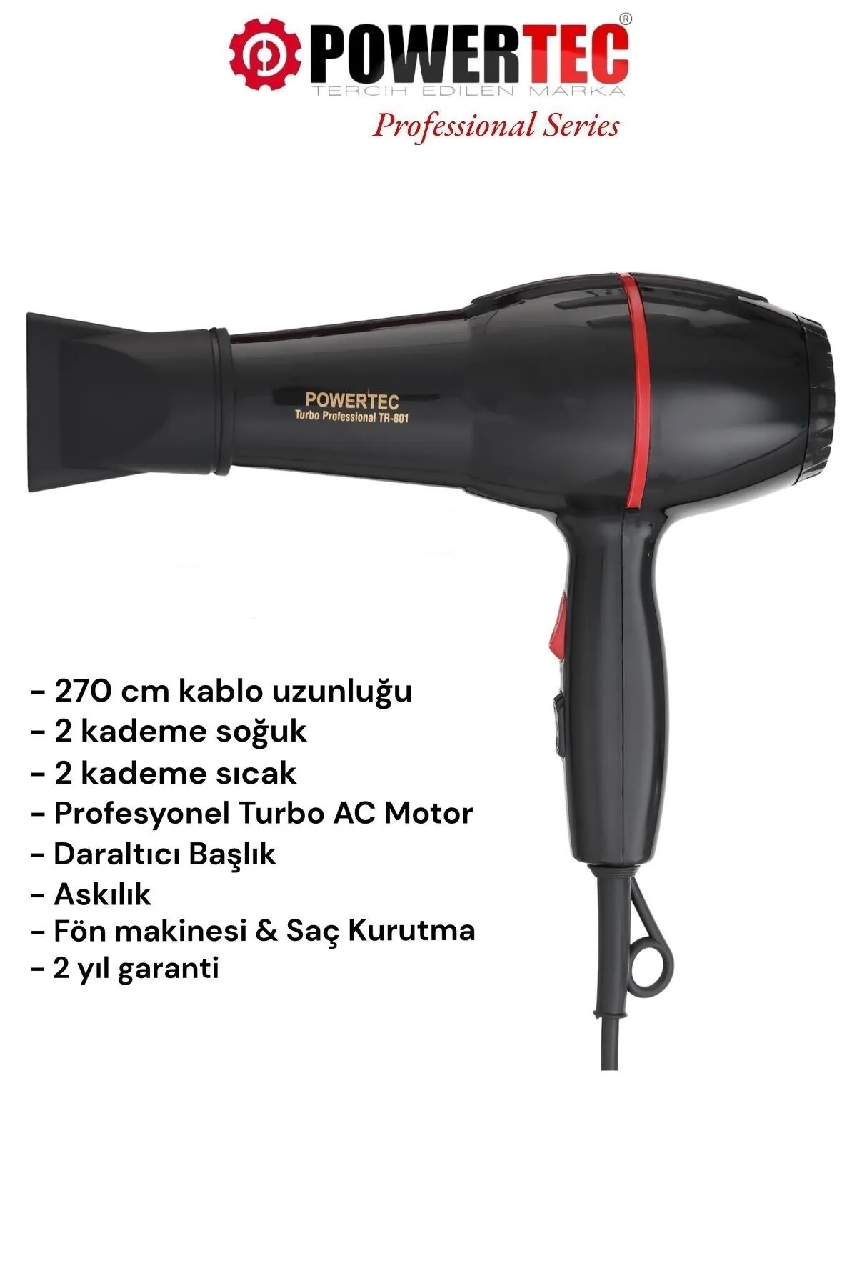 Powertec Tr-801 Profesyonel Saç Kurutma & Fön Makinesi - Siyah