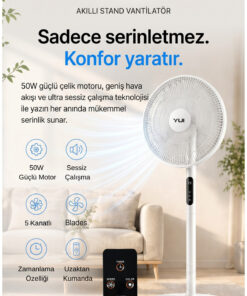 Yui F60 Beyaz 16 İnç 50W 8 Kademe 5 Pervane Döner Başlıklı Uzaktan Kumandalı Vantilatör