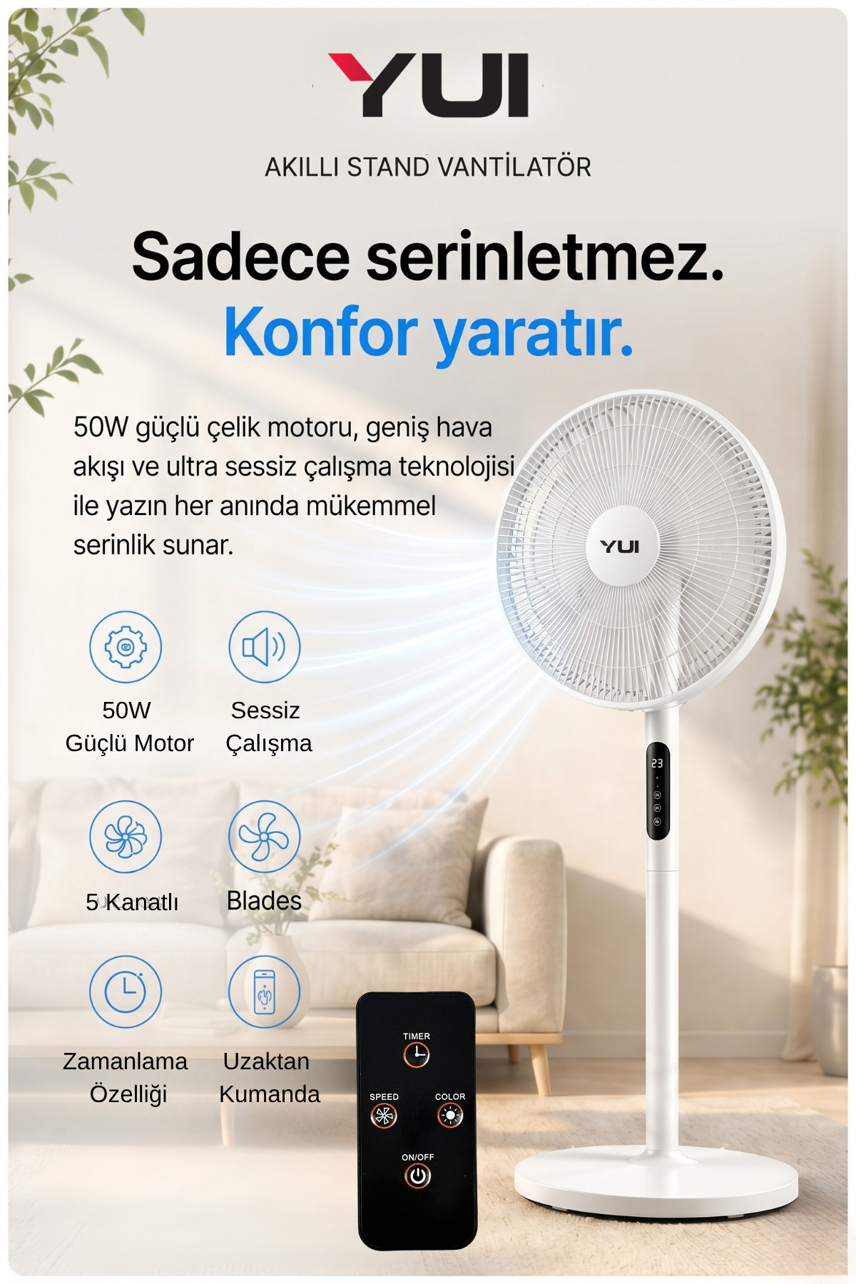 Yui F60 Beyaz 16 İnç 50W 8 Kademe 5 Pervane Döner Başlıklı Uzaktan Kumandalı Vantilatör