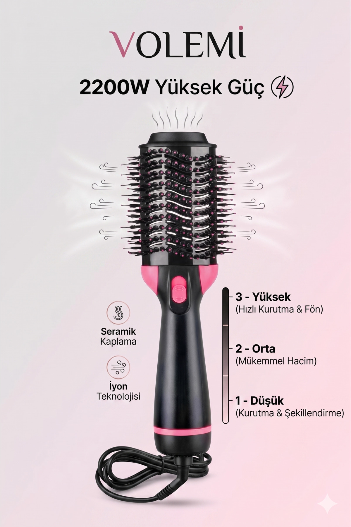 VOLEMİ Profesyonel 2200W Hava Üflemeli Saç Şekillendirici İyonik Düzleştirici Fön Tarağı Ve Hacim Verici Fırça V-0167 - Görsel 3