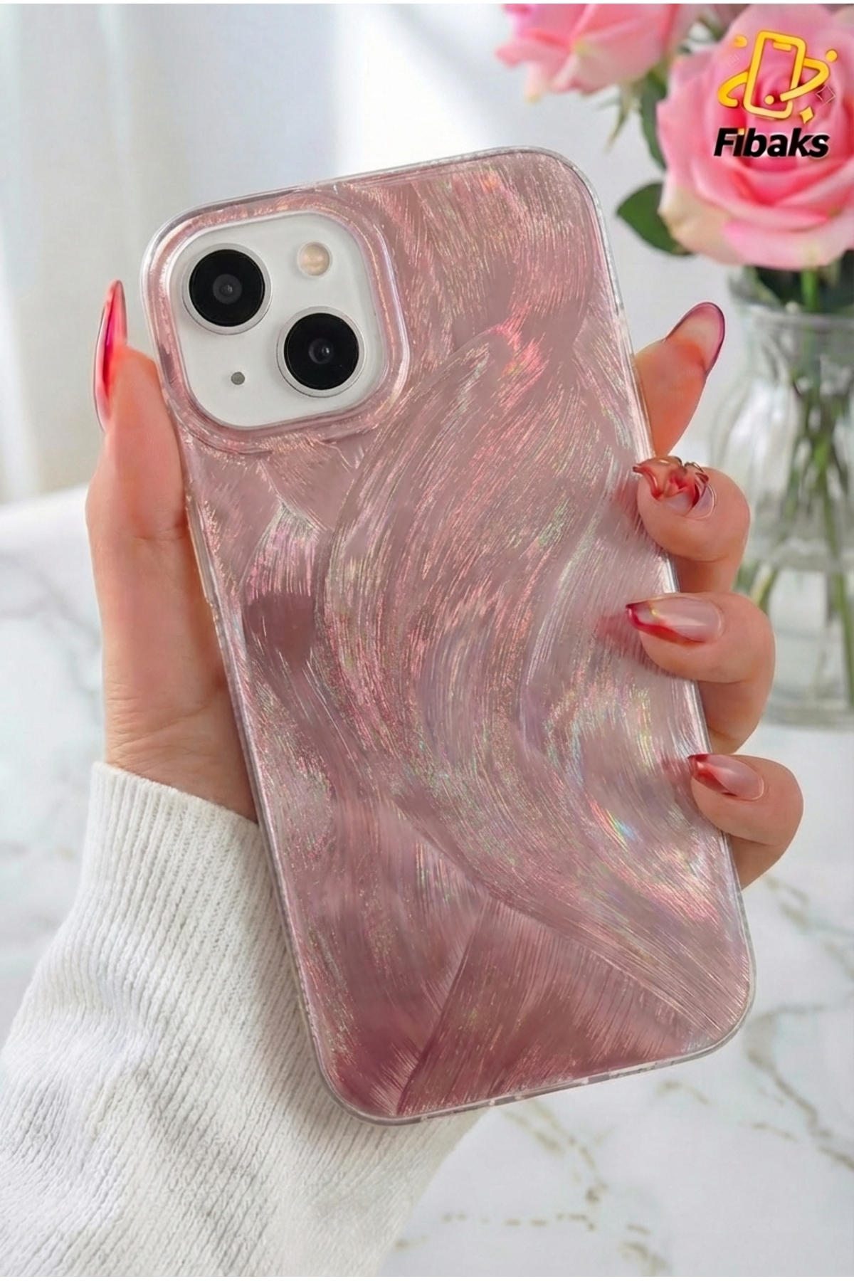Fibaks iPhone 13/14/15 Kılıf Tüy Ebru Desenli Darbe Emici Rose Renkli Silikon Koruyucu Kapak