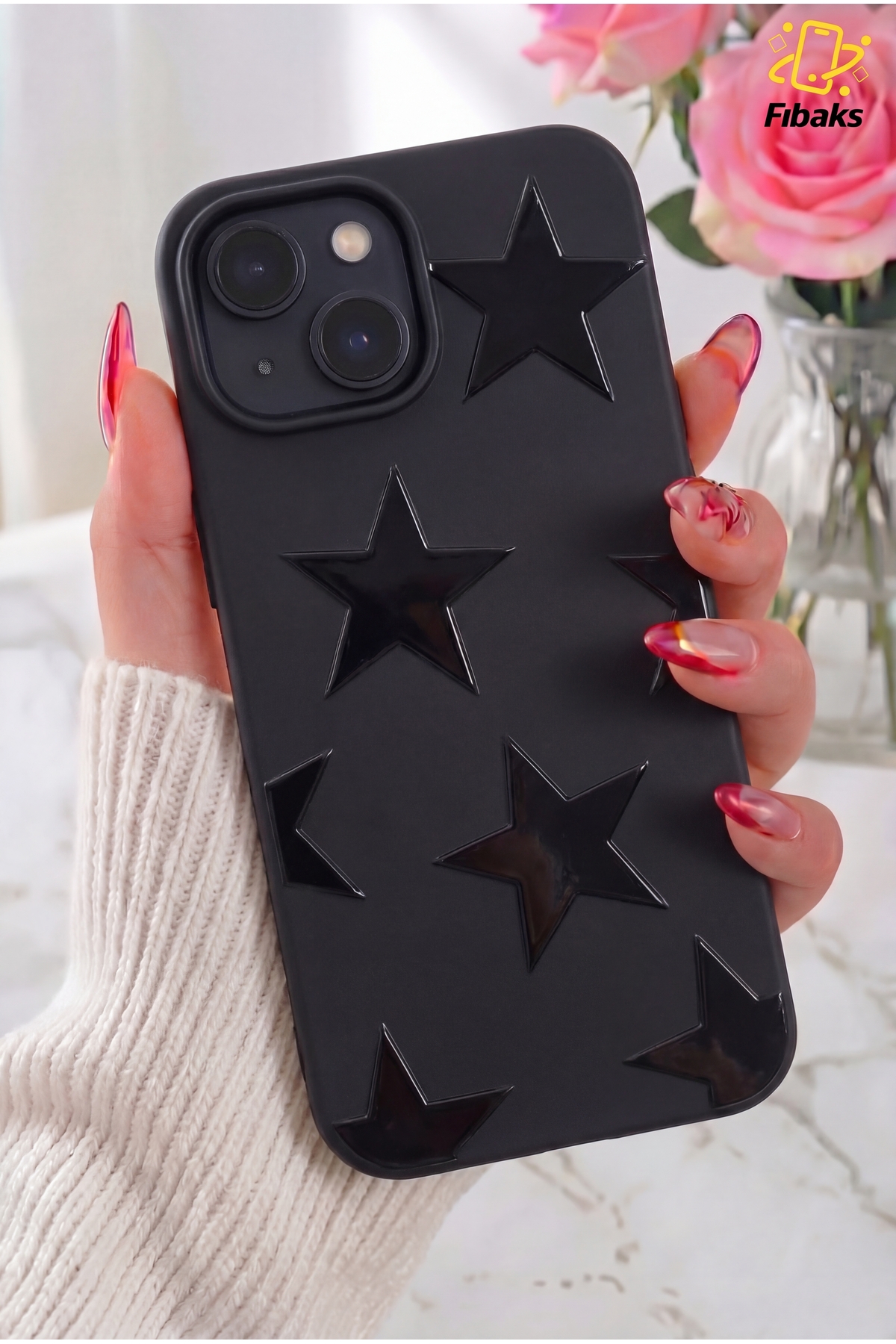 Fibaks iPhone 15/14/13 Kılıf Siyah Yıldız Star Desenli Silikon Darbe Emici Klasik Silikon Kapak