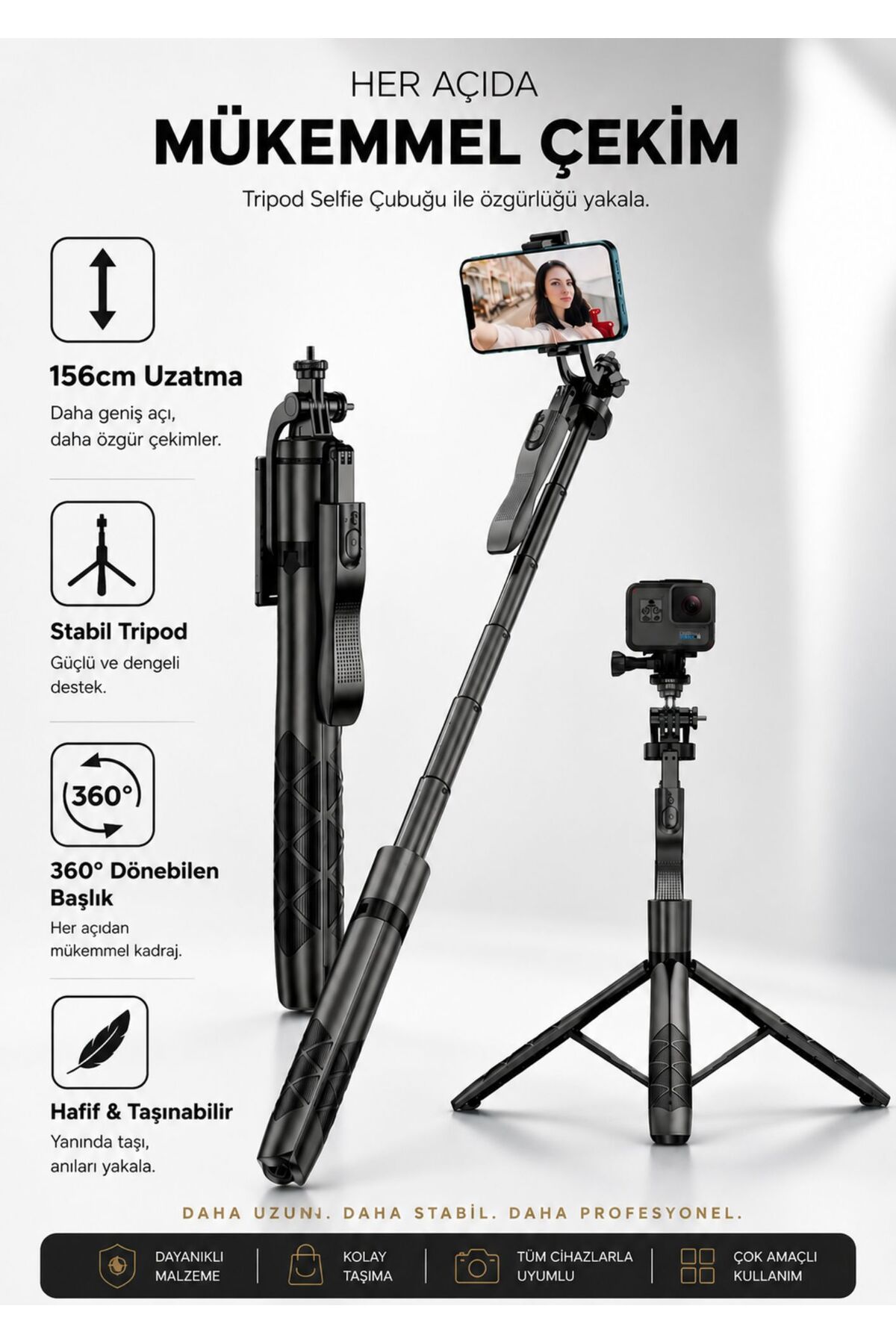 Asfal Uzaktan Kumandalı 156 Cm Alüminyum Tripod Ve Selfie Çubuğu Telefon, Kamera, Işık Ve Gopro Uyumlu