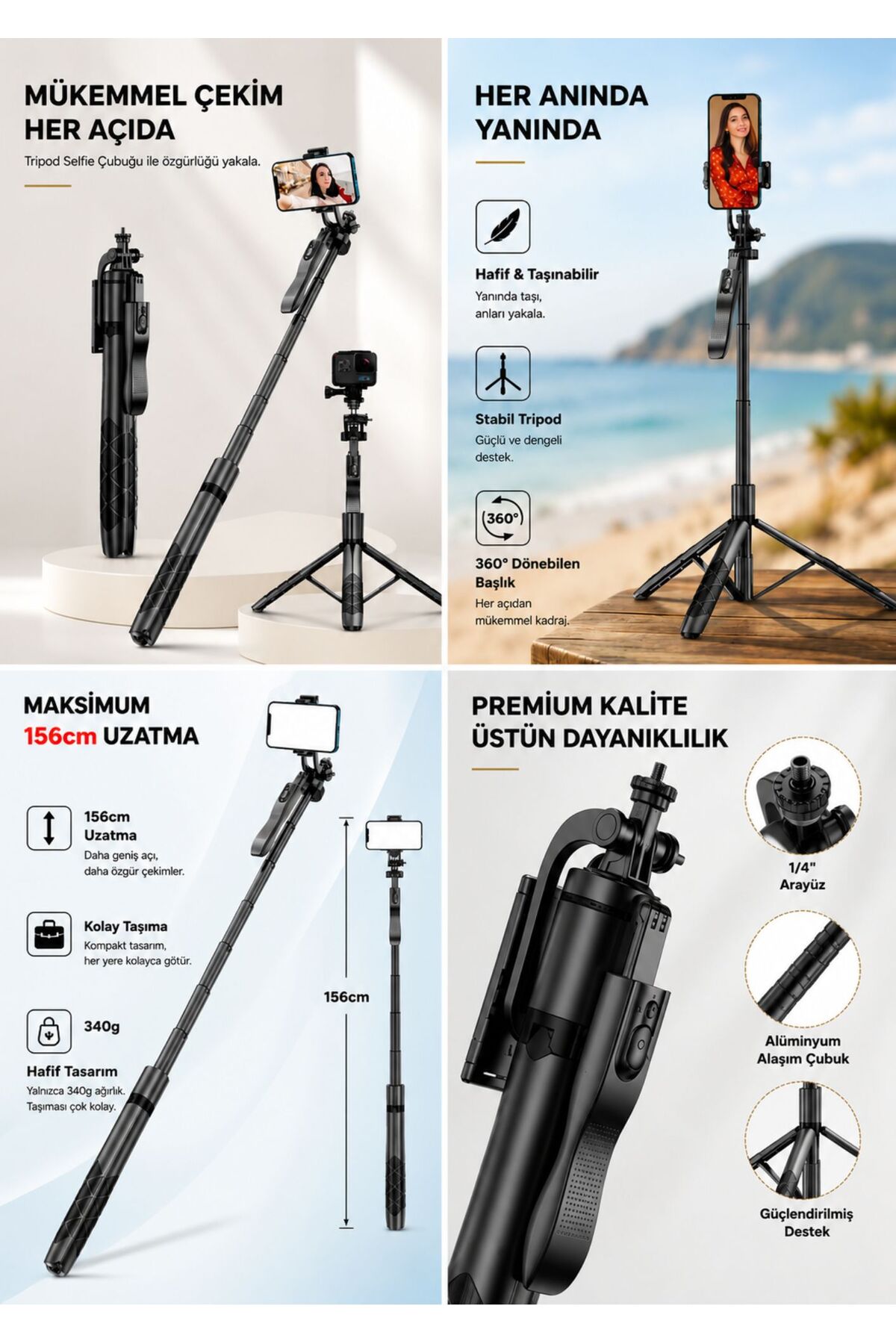Asfal Uzaktan Kumandalı 156 Cm Alüminyum Tripod Ve Selfie Çubuğu Telefon, Kamera, Işık Ve Gopro Uyumlu - Görsel 3