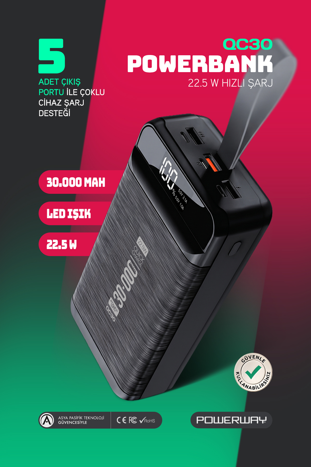 Powerway 30.000 mAh PD 22.5 W Hızlı Şarj Gerçek 30.000 mAh Garantili Led Fener Dijital QC30 Siyah Powerbank
