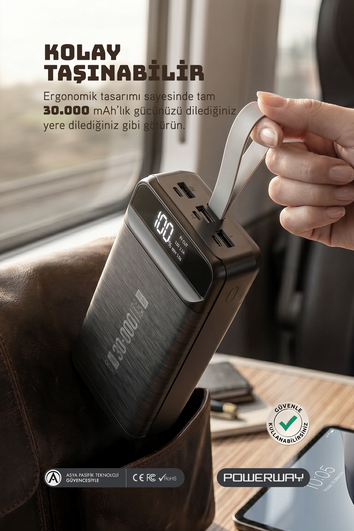 Powerway 30.000 mAh PD 22.5 W Hızlı Şarj Gerçek 30.000 mAh Garantili Led Fener Dijital QC30 Siyah Powerbank - Görsel 3
