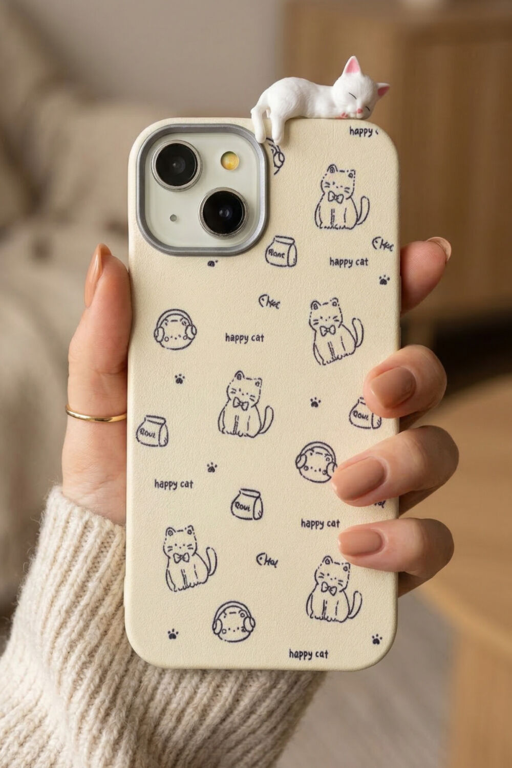 KVK PRİVACY iPhone 13 / 14 / 15 3D Uyuyan Kedi Figürlü Happy Cat Desenli Silikon Telefon Kılıfı