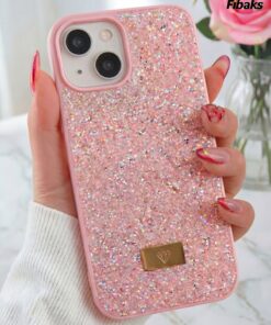 Fibaks iPhone 13/14/15 Kılıf Içi Kadife Elmas Tasarımlı Pembe Taşlı Işıltılı Pırlanta Silikon