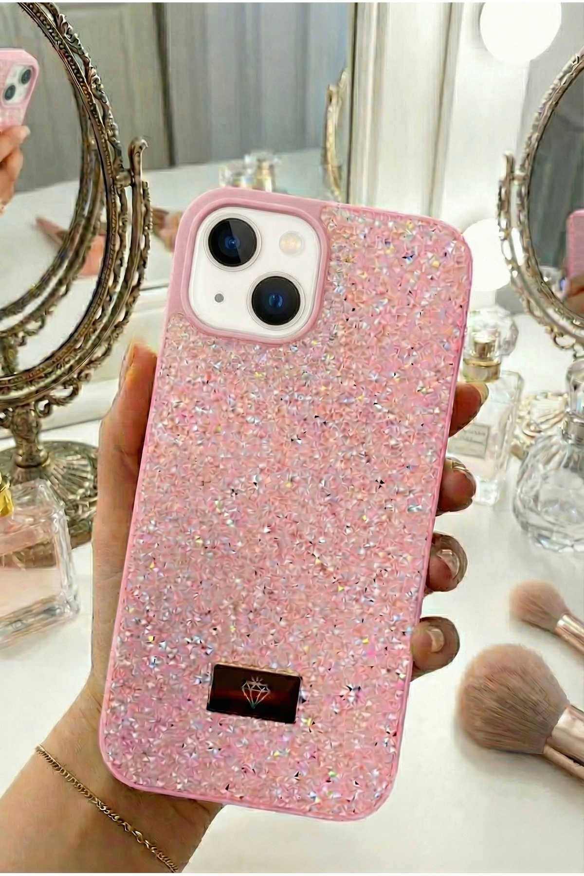 Fibaks iPhone 13/14/15 Kılıf Içi Kadife Elmas Tasarımlı Pembe Taşlı Işıltılı Pırlanta Silikon - Görsel 3