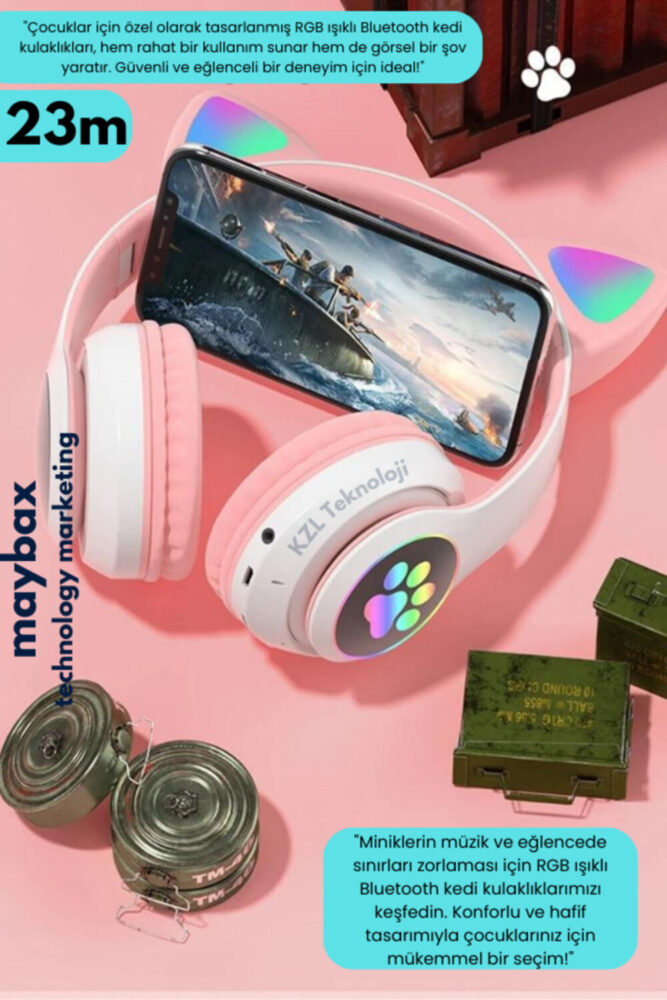 Genel Markalar STN Pembe Kablosuz Bluetooth Kulaklık Led Işıklı Mikrofonlu Kedili Kulaklık - Görsel 2