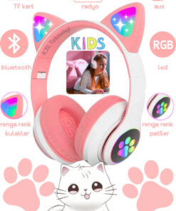 Genel Markalar STN Pembe Kablosuz Bluetooth Kulaklık Led Işıklı Mikrofonlu Kedili Kulaklık