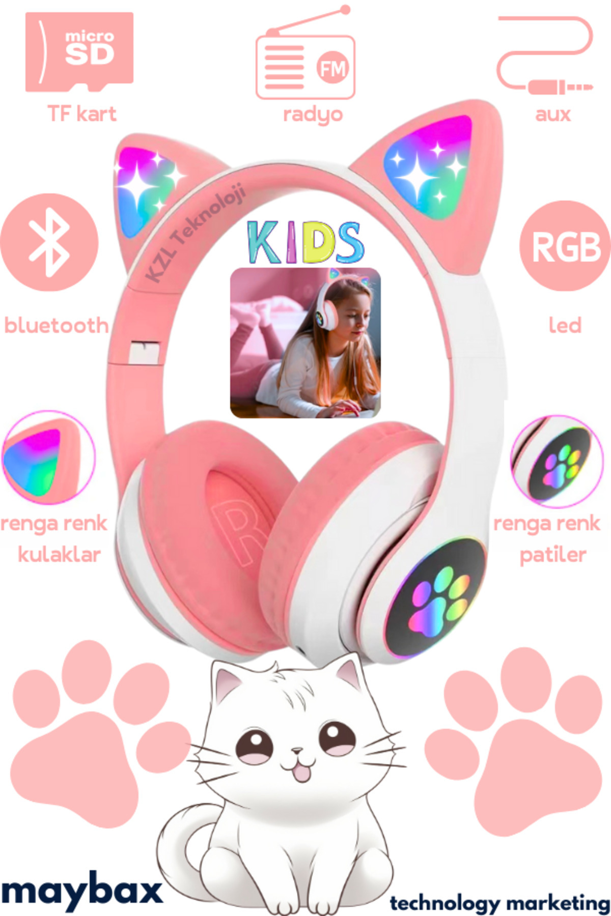 Genel Markalar STN Pembe Kablosuz Bluetooth Kulaklık Led Işıklı Mikrofonlu Kedili Kulaklık