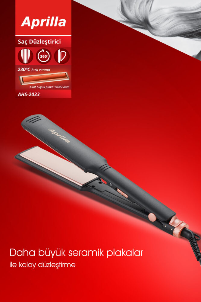 Aprilla Ahs-2033 Siyah Geniş Seramik Kaplamalı Güçlü Saç Düzleştirici (40mm*120mm )