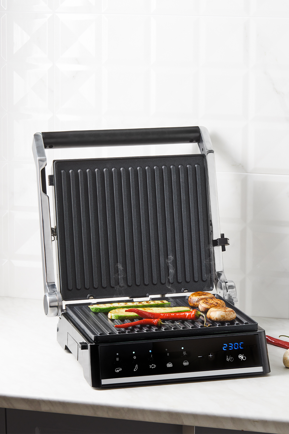 HOMEND Grilliant 1341h Inox Gövdeli, Döküm Plakalı, 5 Programlı, Led Ekranlı Tost Ve Izgara Makinesi
