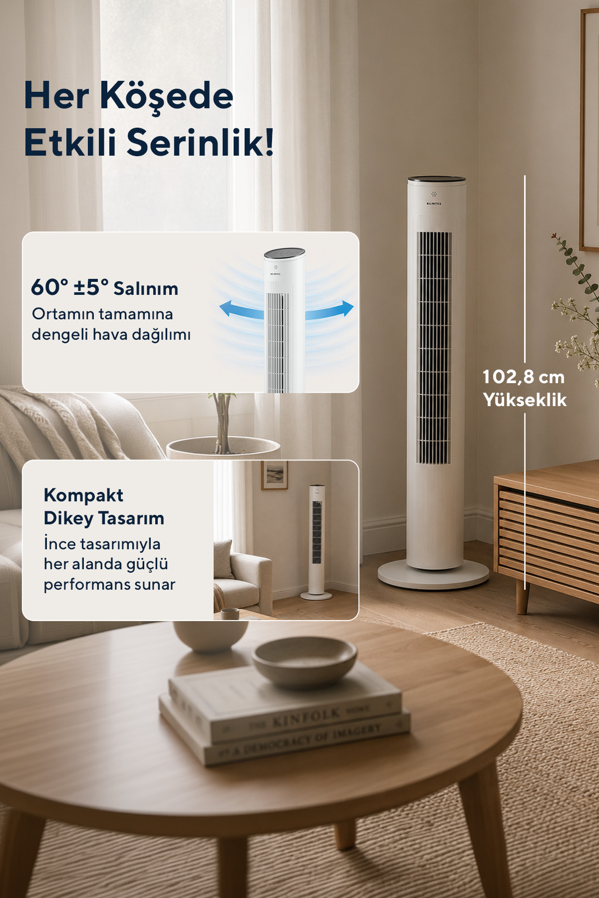KUMTEL KTF-360 Kule Tipi Vantilatör Beyaz - Görsel 3