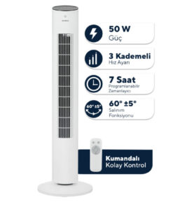 KUMTEL KTF-360 Kule Tipi Vantilatör Beyaz