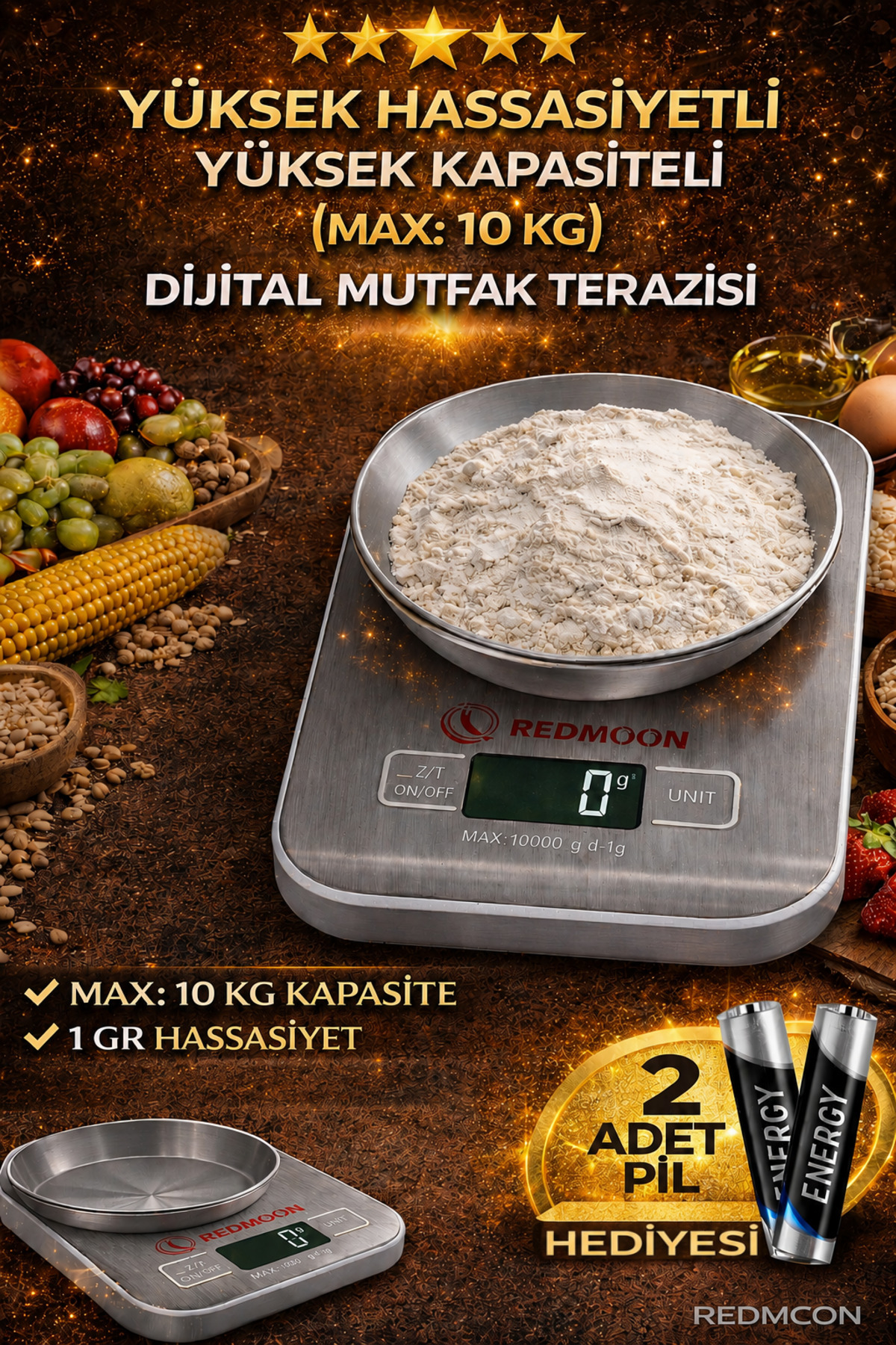 REDMOON 10 KG 1 GR Hassas Dijital Mutfak Terazisi Paslanmaz Çelik Tartı + 2 Pil Hediyeli