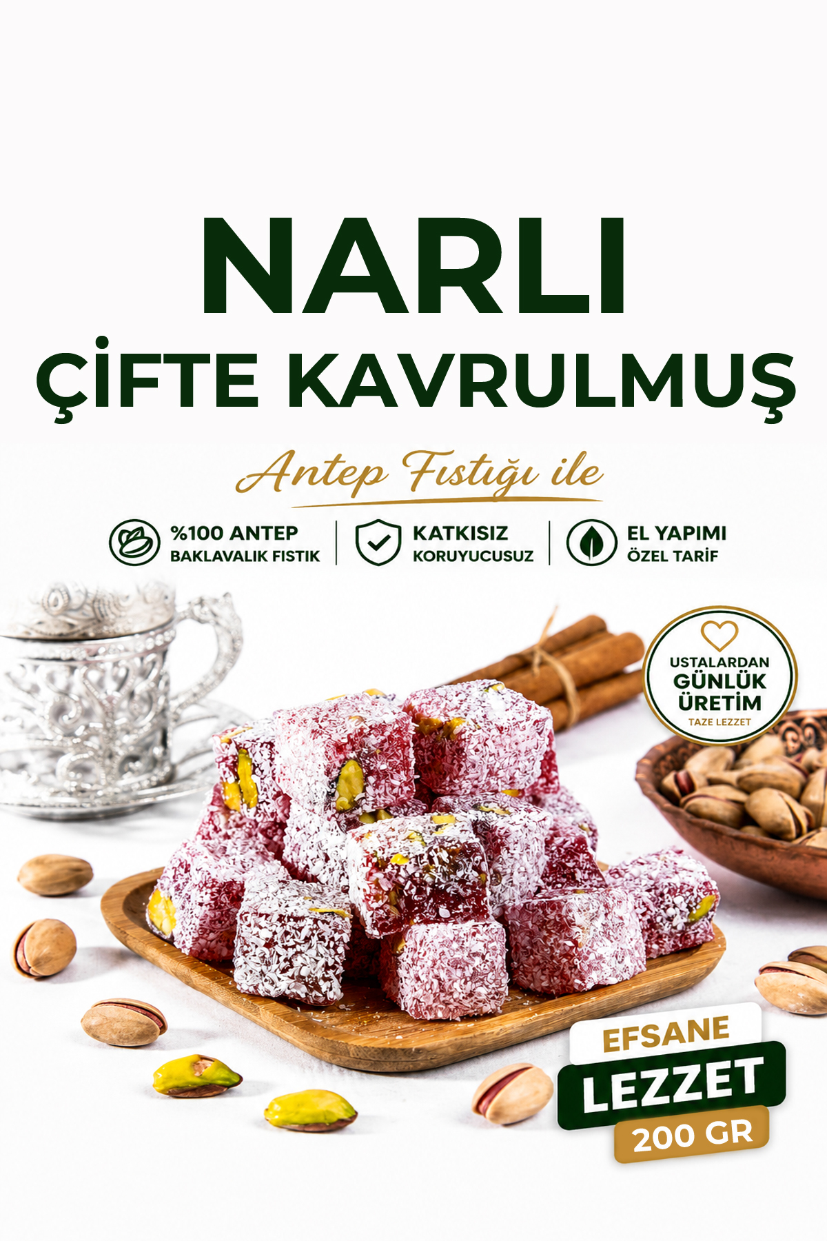 Gaziantep Baharat Antep Fıstıklı Narlı Çifte Kavrulmuş Lokum 200 gr