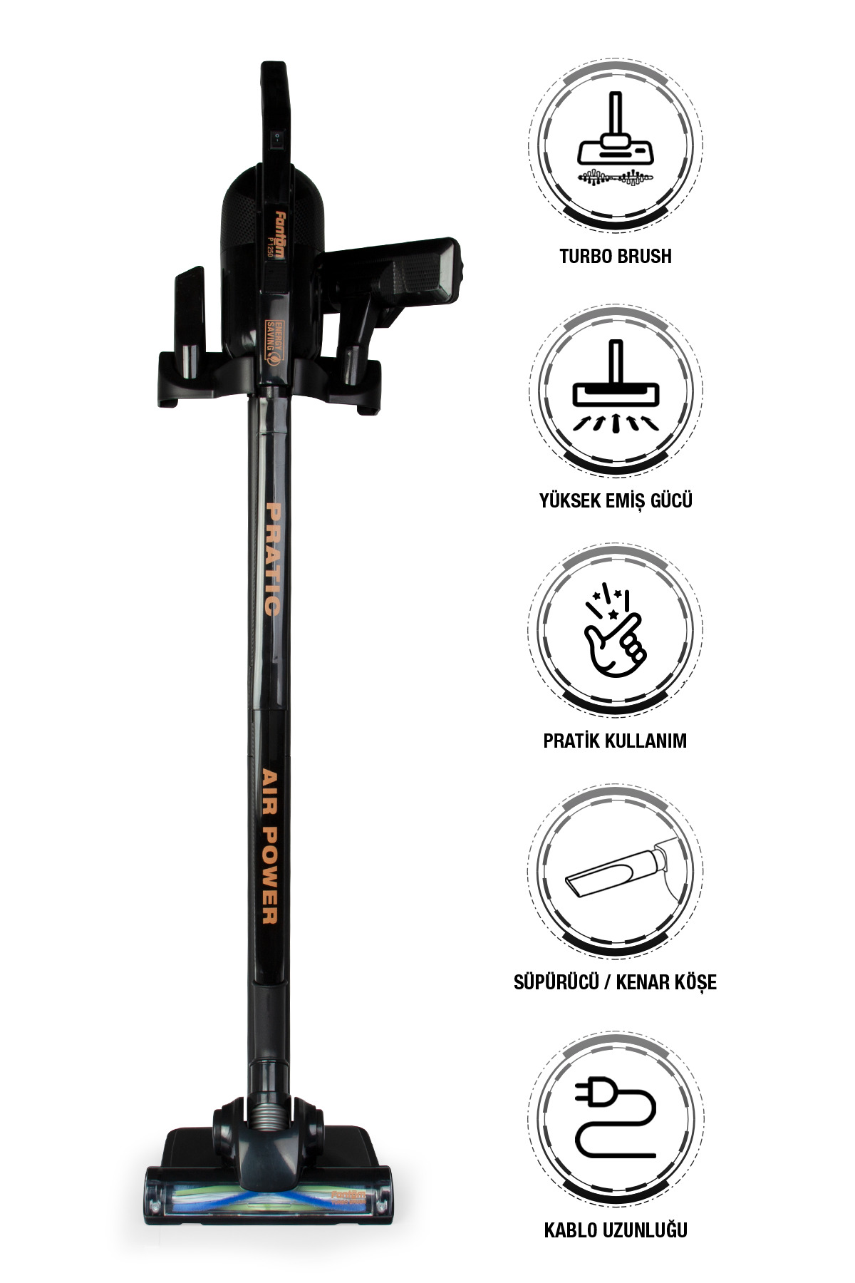 Pratic Aır Power P 1250 Siyah Torbasız Dönebilen Turbo Başlıklı Dikey Süpürge