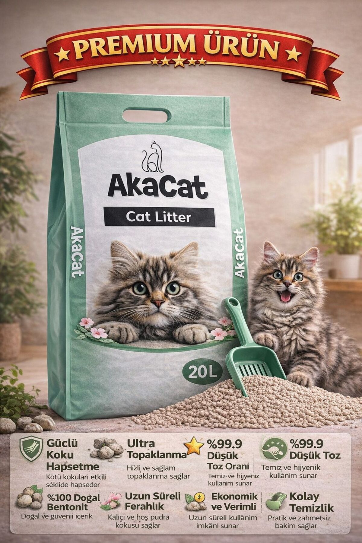 AKACAT 20 Lt Beyaz Bentonit Doğal 0 Topaklaşan Ince Taneli Kedi Kumu