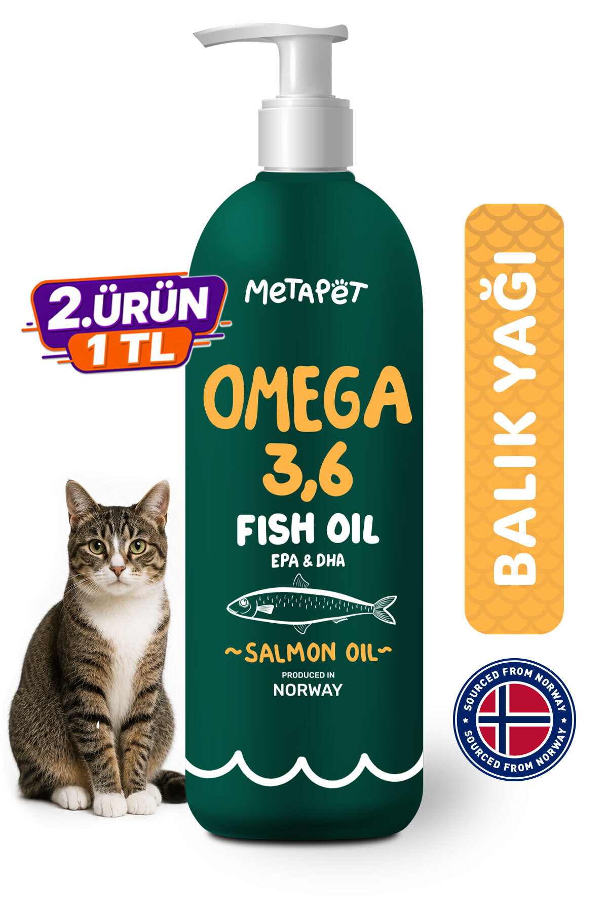 Metapet Kediler için Balık Yağı, Premium Norveç Somonu Yağı, Omega 3 ve 6, Yüksek EPA-DHA
