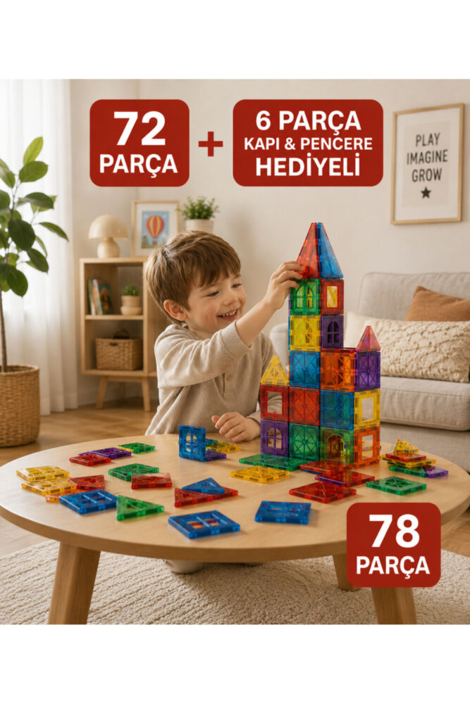 ASlife Home 78 Parça Manyetik Yapı Blokları Mıknatıslı Bloklar Fermuarlı Taşıma Poşeti Hediyeli