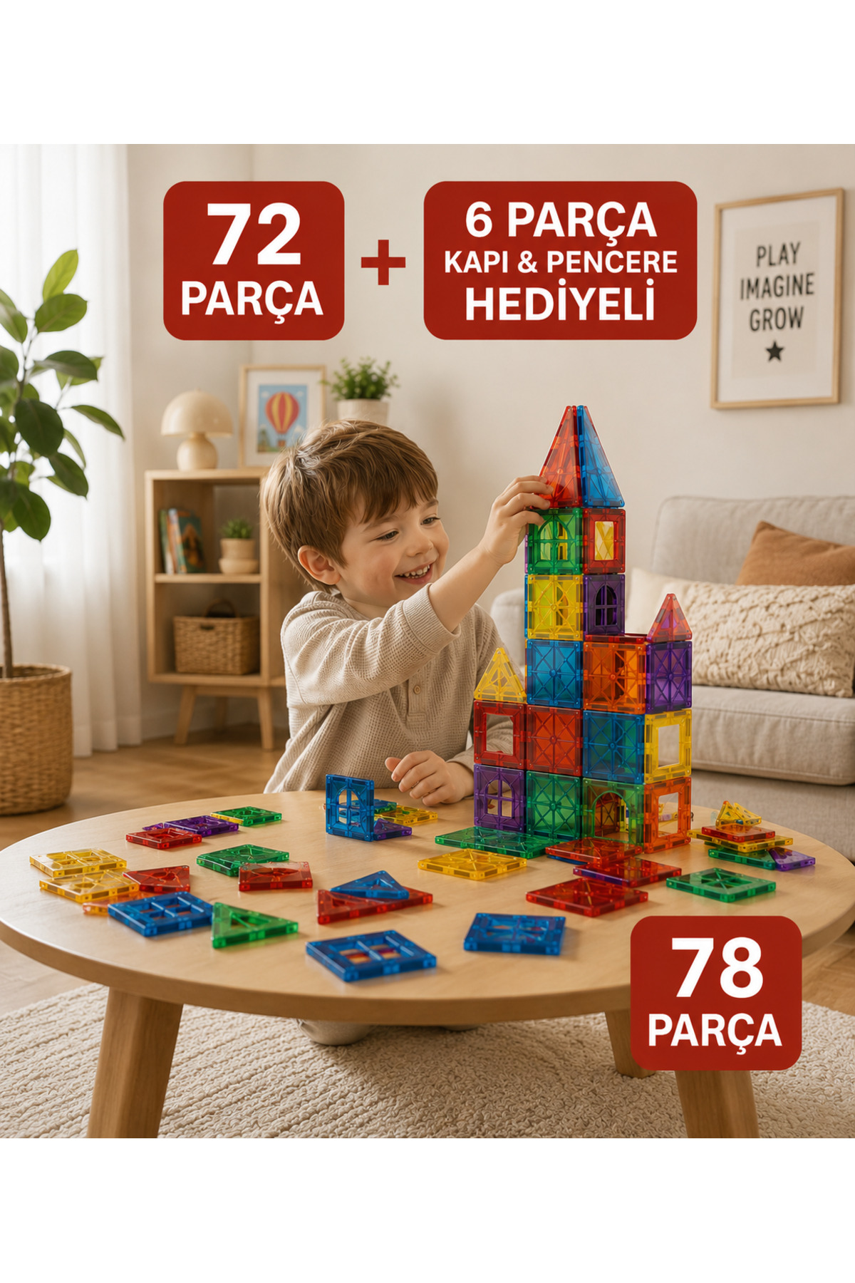 ASlife Home 78 Parça Manyetik Yapı Blokları Mıknatıslı Bloklar Fermuarlı Taşıma Poşeti Hediyeli