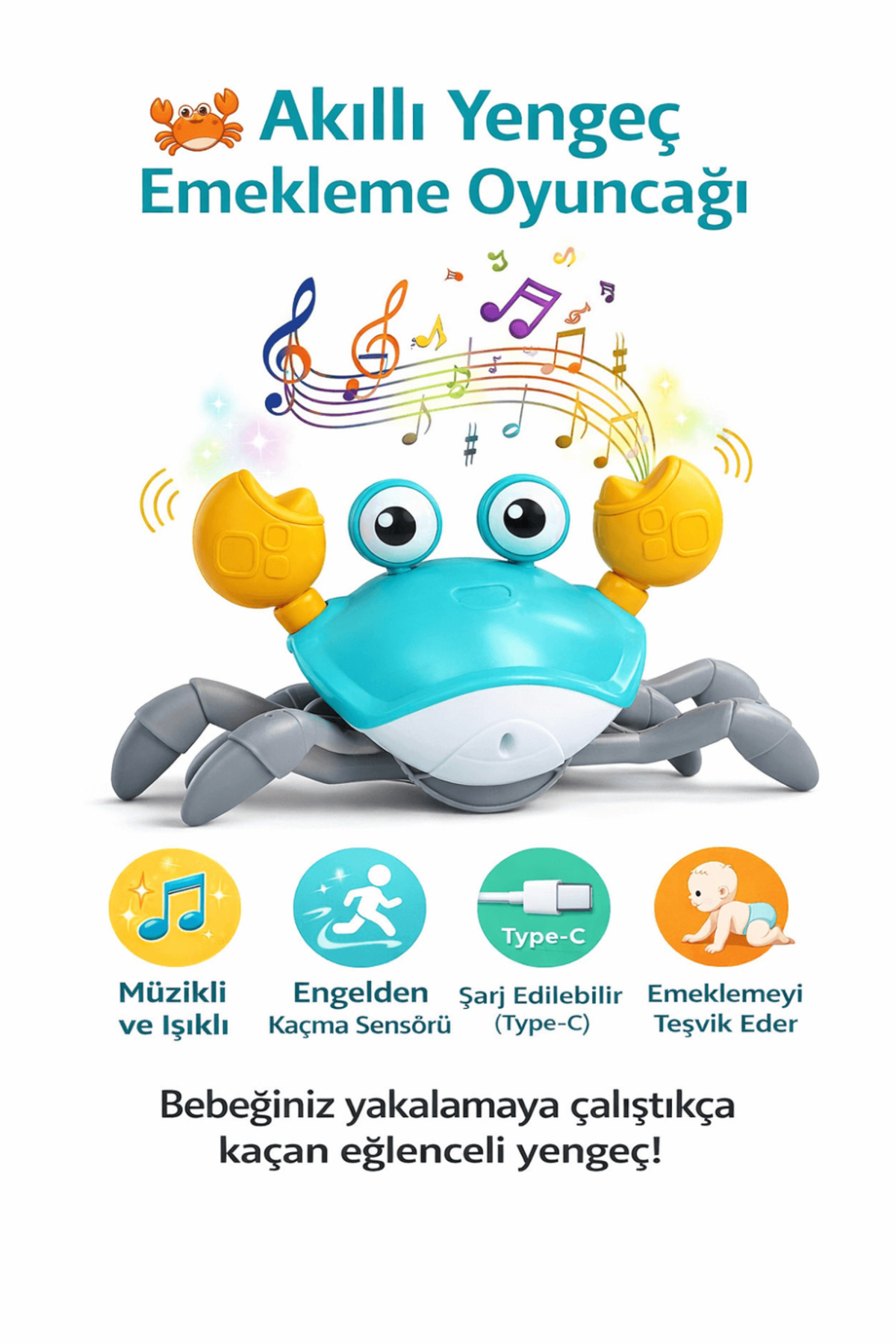 robokids Yengeç Emekleme Oyuncağı Yeşil Renk (Şarj Edilebilir) Ses Ayarlı
