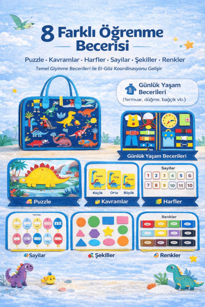 robokids Montessori Busy Board Keçe Aktivite Kitabı | 8 Sayfa Dinazor Temalı - Görsel 2