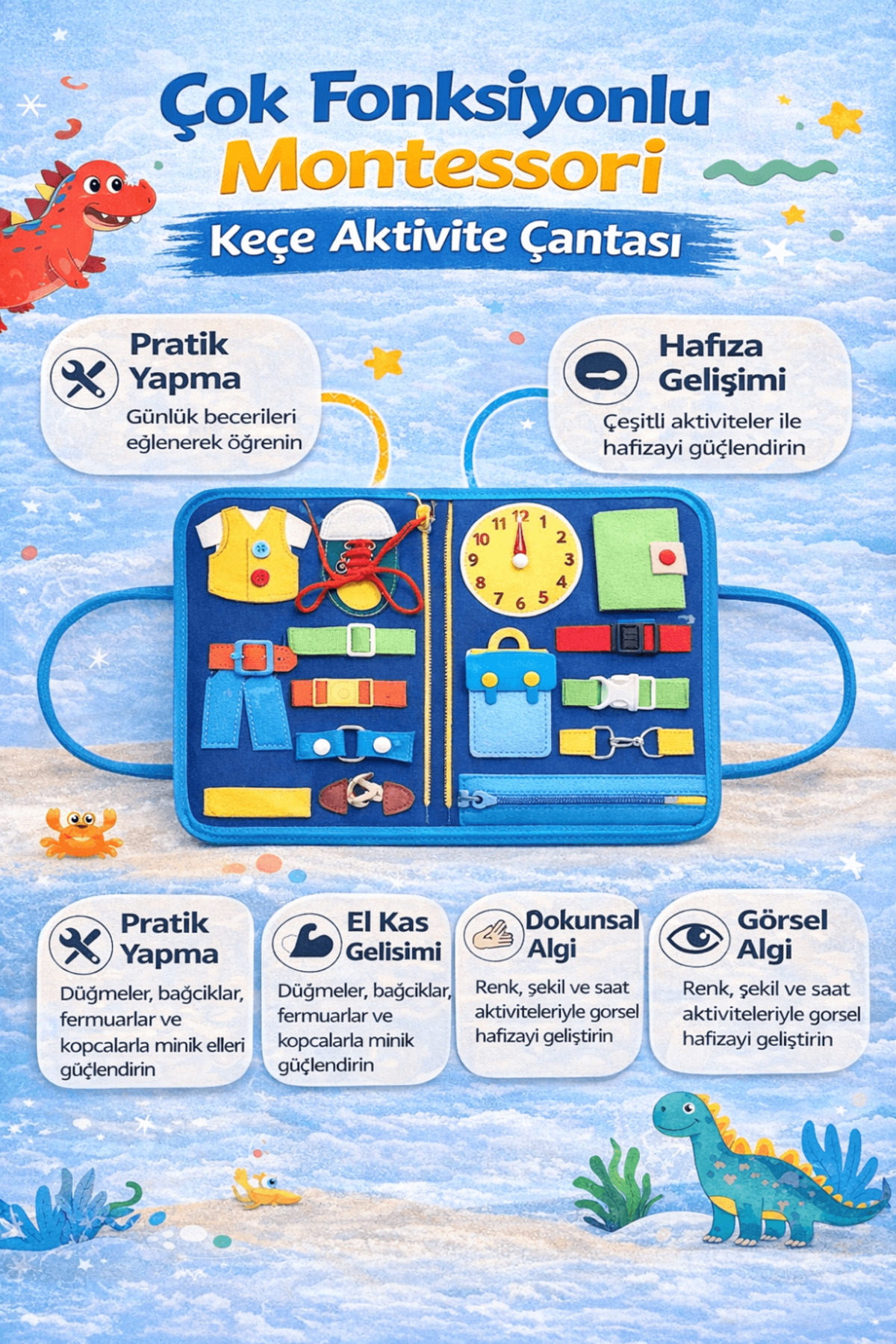 robokids Montessori Busy Board Keçe Aktivite Kitabı | 8 Sayfa Dinazor Temalı - Görsel 3