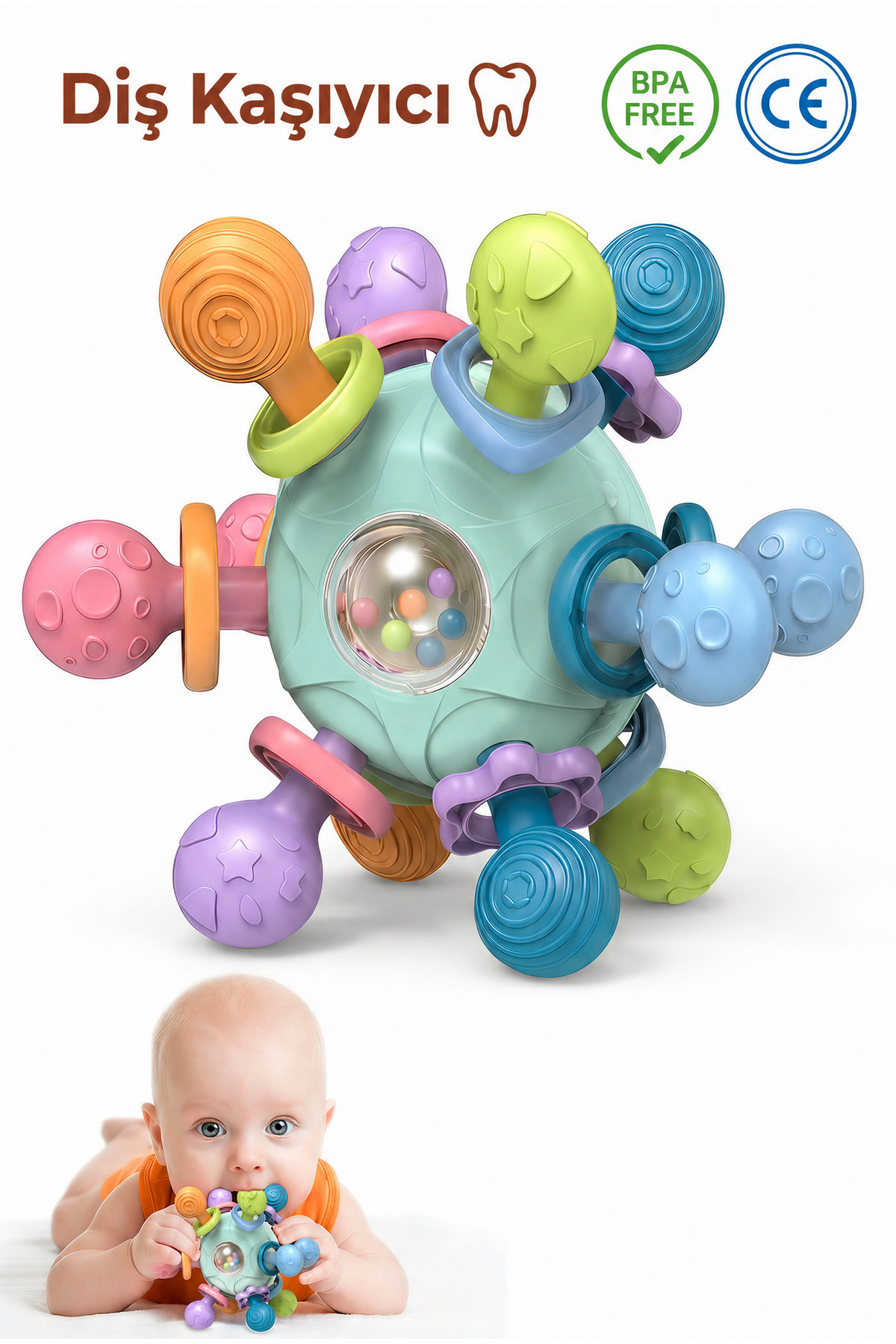 BBSKY Montessori Eğitici Bebek Diş Kaşıyıcı Top- BPA İçermez Diş Kaşıma Çıngırağı - Yenidoğan Zeka Geliştirici Oyuncak