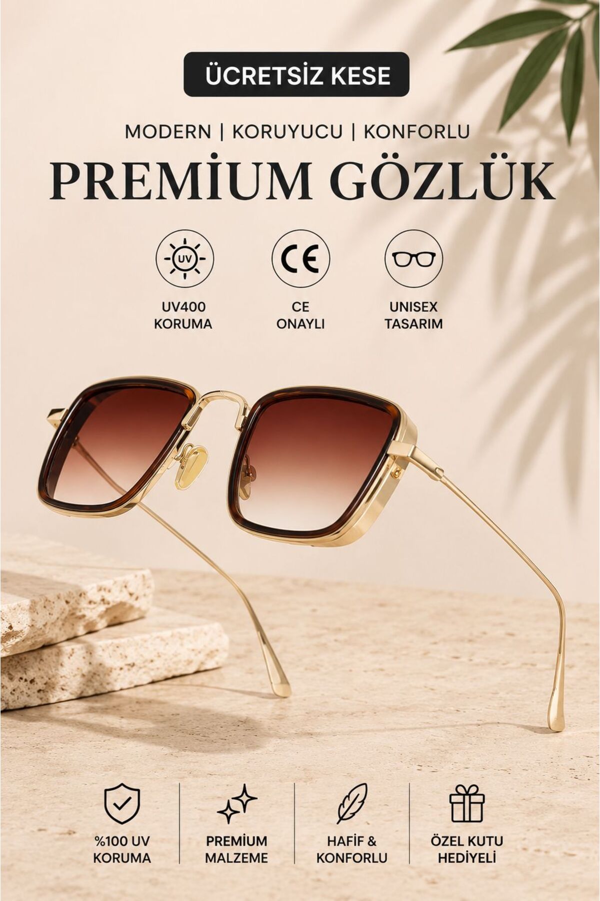 WATCHOFROYAL Güneş Gözlüğü Kadın & Erkek UV400 Cam Orjinal CE Belgeli GOLD-SİYAH EX657