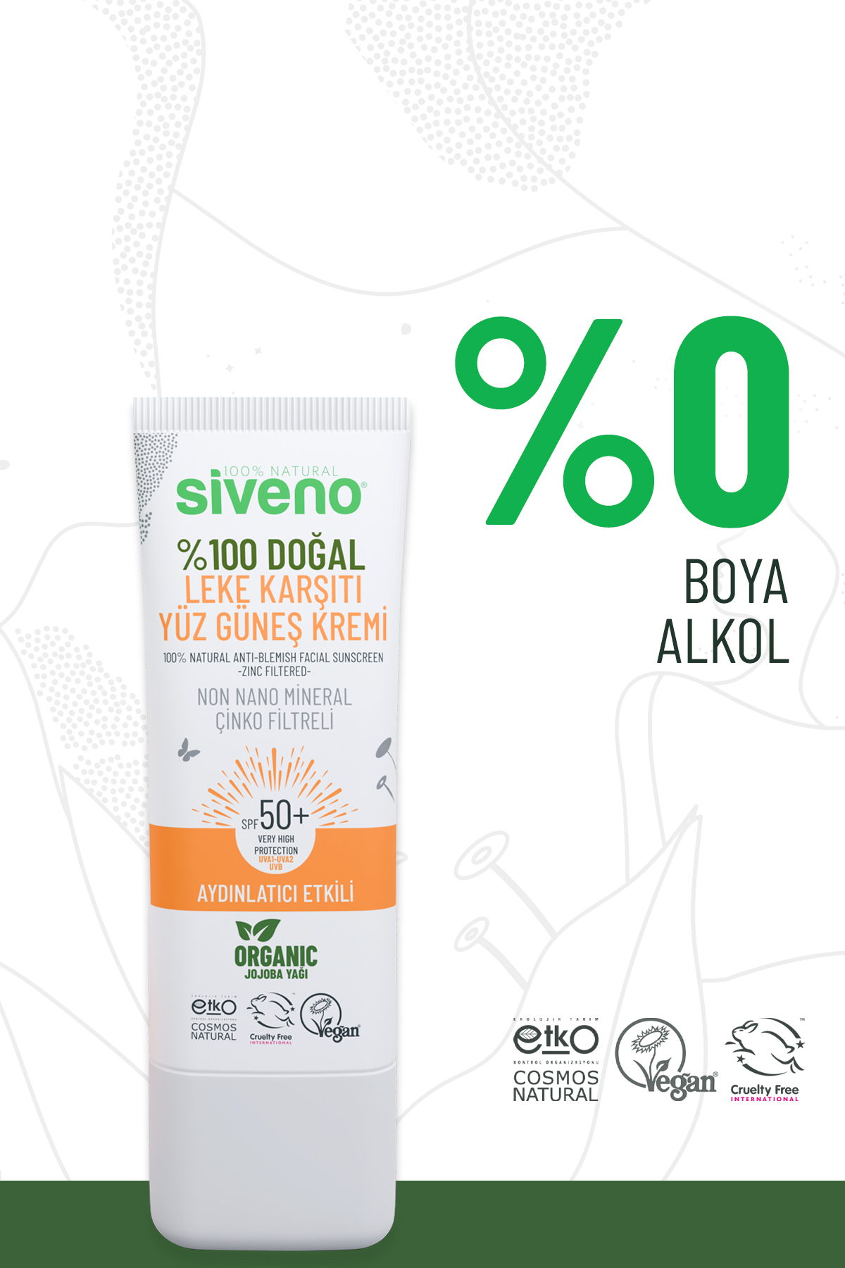 Siveno 0 Doğal Yüz Güneş Kremi Leke Karşıtı Aydınlatıcı Mineral Filtre UVA UVB SPF 50+ 30 ml - Görsel 3