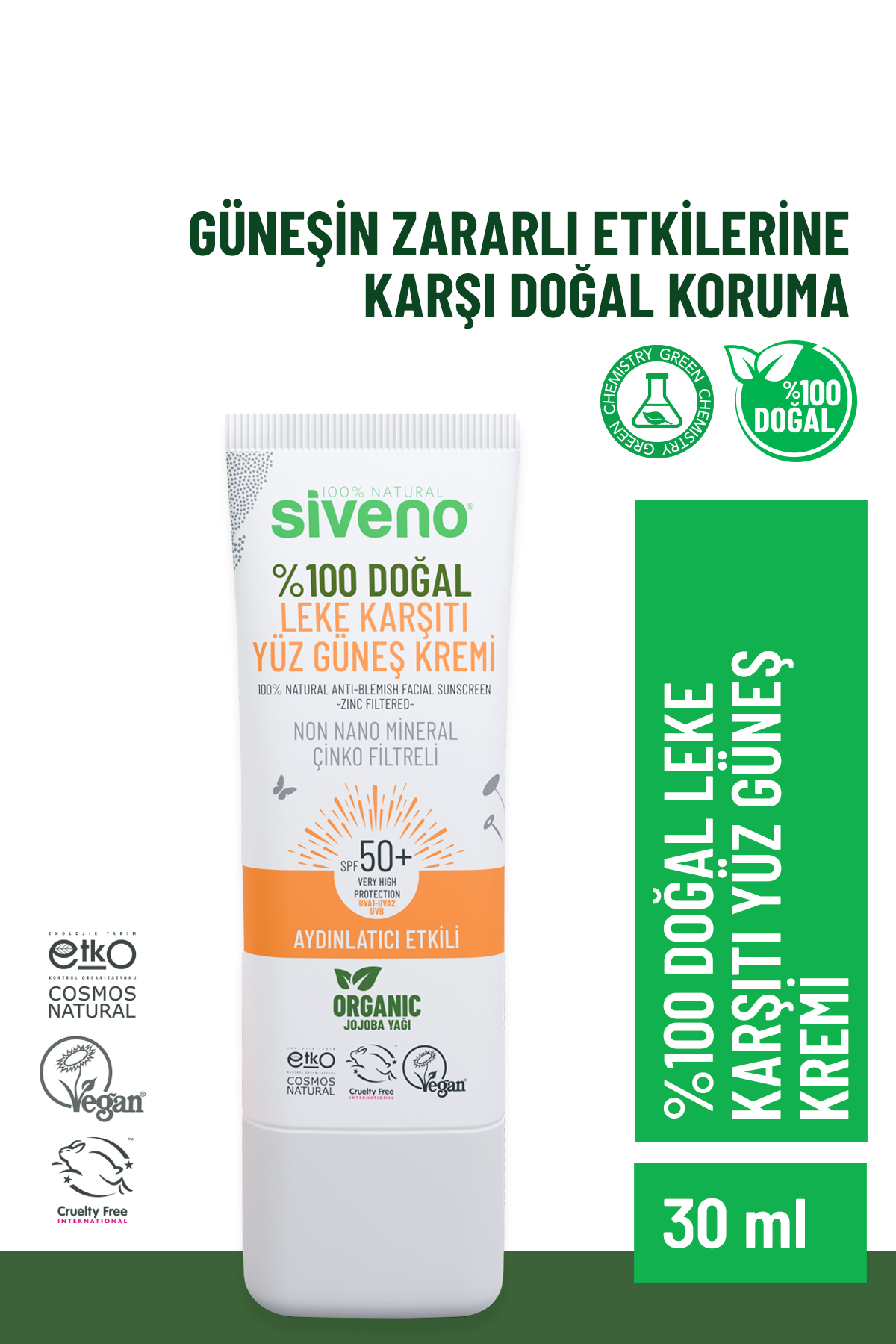 Siveno 0 Doğal Yüz Güneş Kremi Leke Karşıtı Aydınlatıcı Mineral Filtre UVA UVB SPF 50+ 30 ml