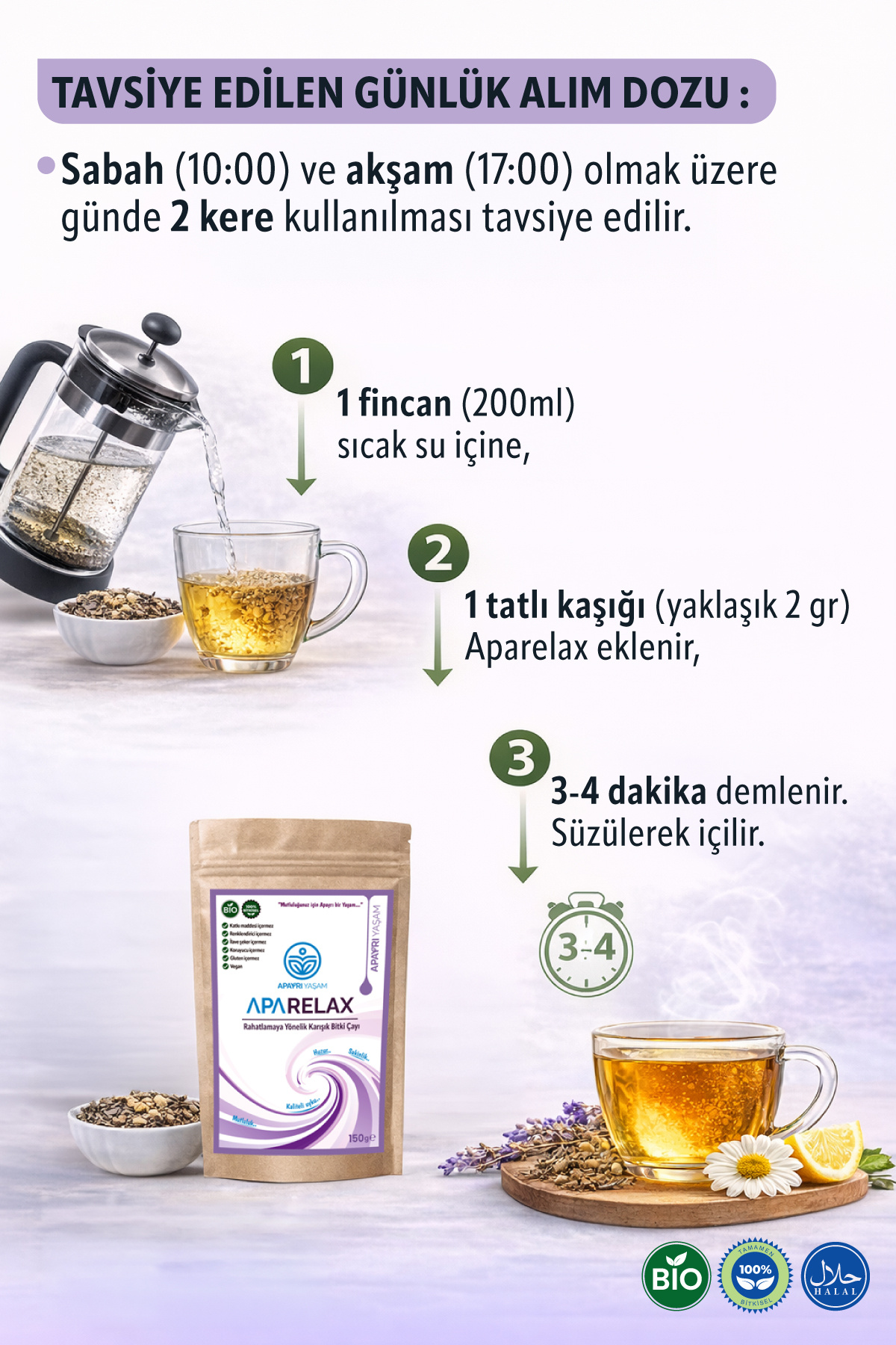 Apayrı Yaşam Uyku Düzenleyici, Stres Giderici, Panik Atak Rahatlatıcı Bio Çay Karışımı % 100 Bitkisel Aparelax - Görsel 3
