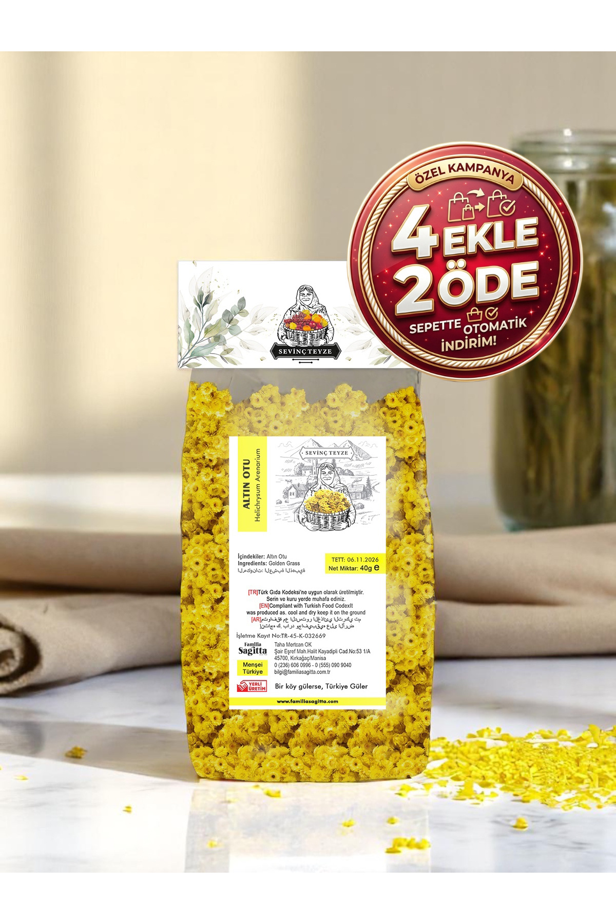 Organik Teyze Sevinç Teyze Altın Otu, Ölmez Çiçek, Sarı Solmaz, Helichrysum Arenarium 40g