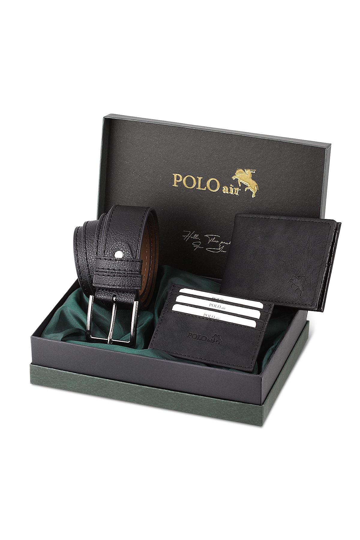 Polo Air Belt, Wallet, Card Holder, and Gift Box Set in Black