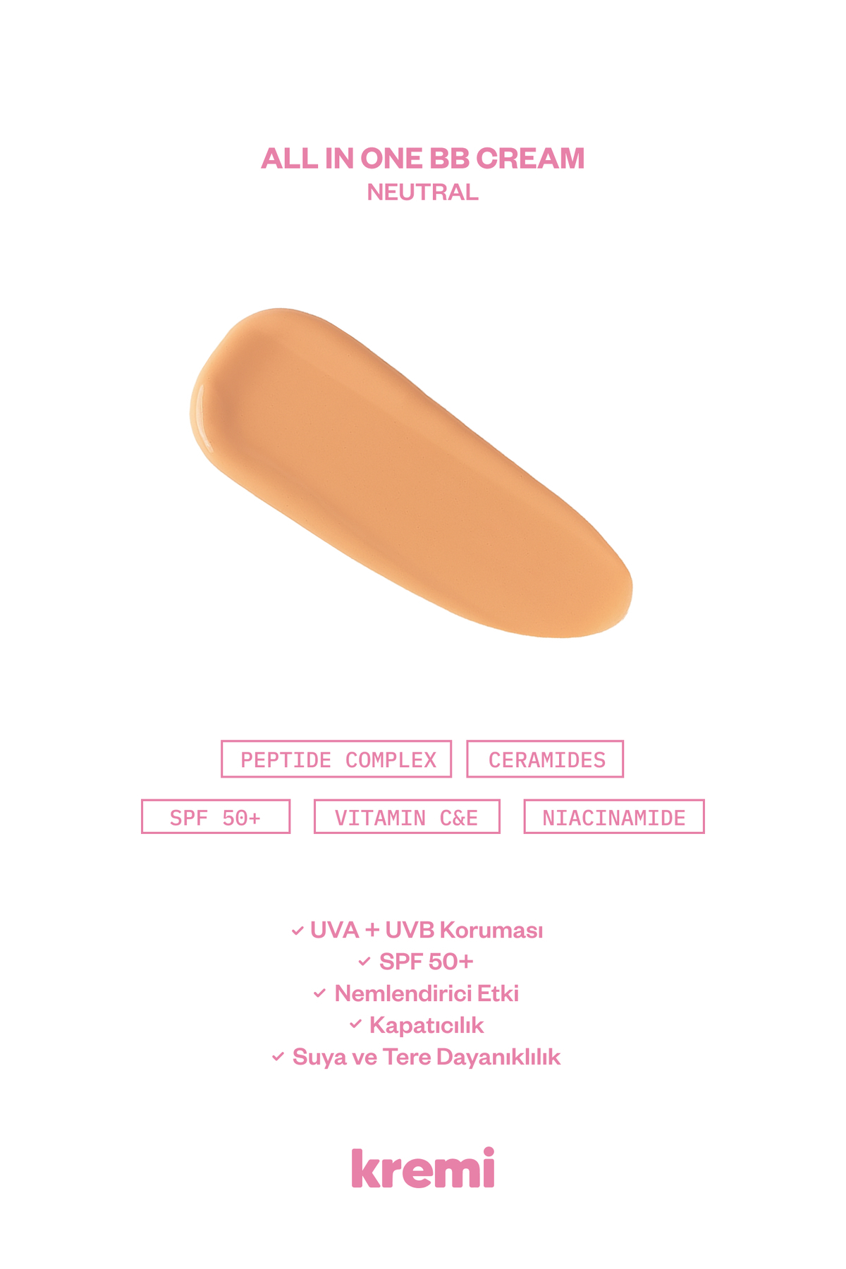 Kremi BB Krem SPF50 Yüksek Kapatıcı, Nemlendirici, Ton Eşitleyici, Aydınlatıcı - Neutral(Orta)50ml - Görsel 2