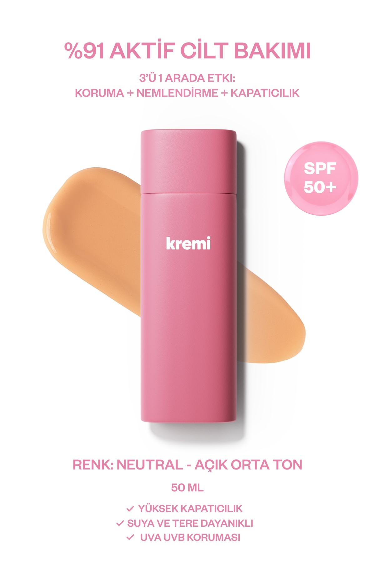 Kremi BB Krem SPF50 Yüksek Kapatıcı, Nemlendirici, Ton Eşitleyici, Aydınlatıcı - Neutral(Orta)50ml