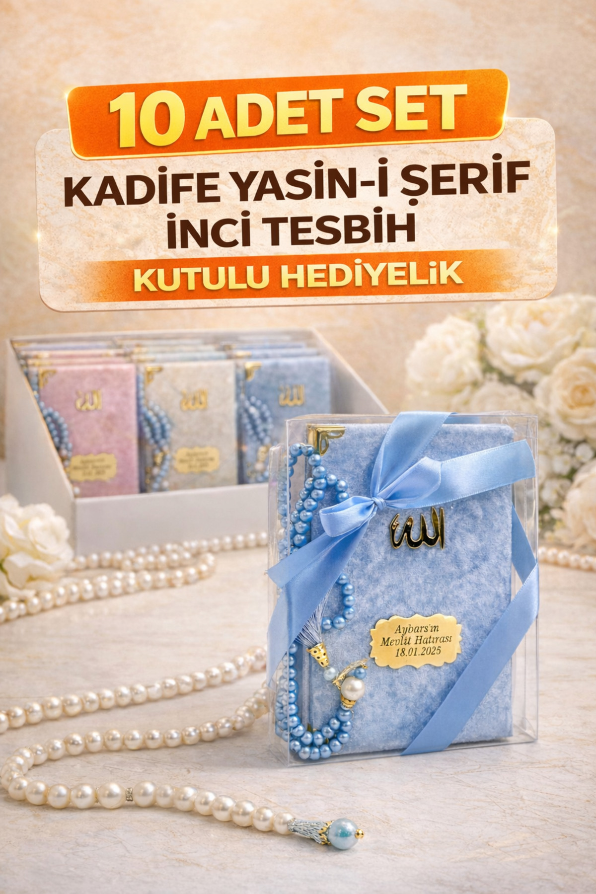 Medrese Kitab Evi 10 Adet Kutulu Kadife Yasin-i Şerif ve İnci Tesbih Seti – Mevlüt, Hac, Umre Hediyelik