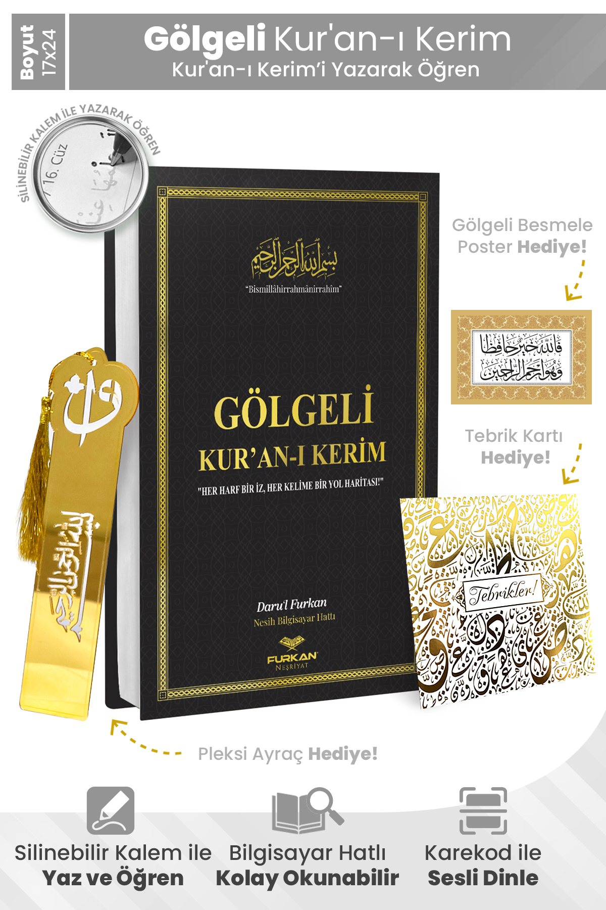 Furkan Neşriyat Kalem Ile Yazılabilen Gölgeli Kuranı Kerim Orta Boy - Siyah