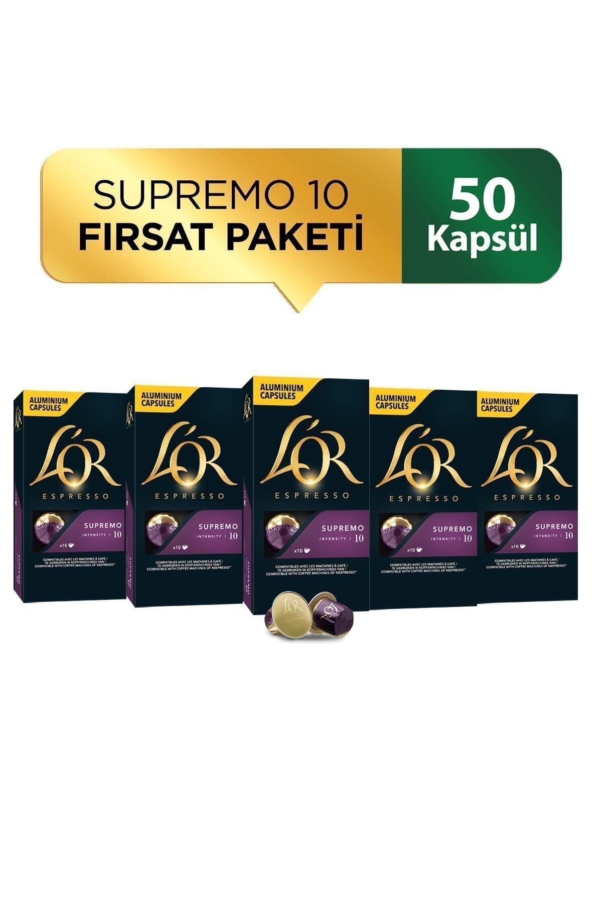 L'OR Supremo Intensity 10 Nespresso Uyumlu Kapsül Kahve Fırsat Paketi 10 Adet x 5 Paket